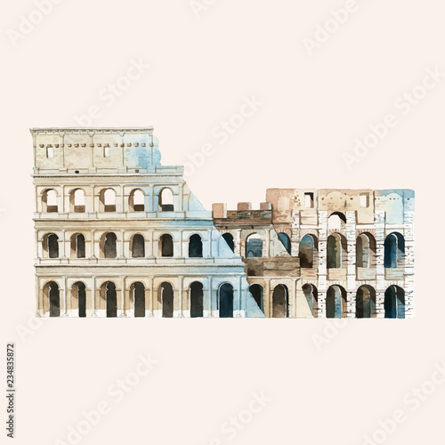 The Roman Colosseum painted by watercolor