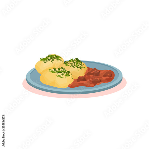 Mashed potato and stewed meat, goulash, Bulgarian cuisine national food dish vector Illustration on a white background
