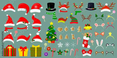 Happy New Year and Christmas. Mega set of Santa hats and other hats on the head. More than sixty Christmas items for your design. Vector
