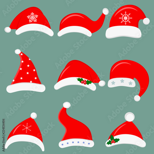 Happy New Year and Merry Christmas. Set of nine different santa hats with different accessories. Flat style, vector