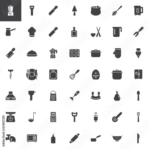 Kitchenware vector icons set, modern solid symbol collection, filled style pictogram pack. Signs, logo illustration. Set includes icons as Blender, Bottle Opener, Knife, Cauldron, Cezve, Chef hat