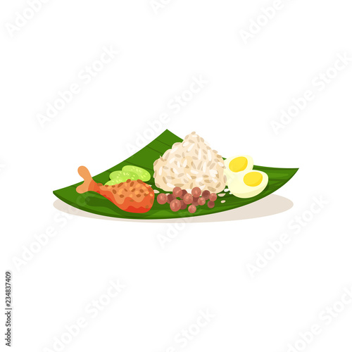 Malaysian nasi lemak on green leaf. Rice with boiled egg, chicken leg sliced cucumber and peanuts. Flat vector design