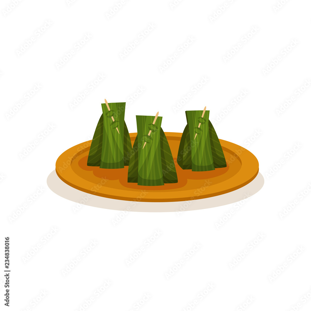 Nasi lemak wrapped with banana leaf. Traditional Malaysian dish on plate. Asian cuisine. Tasty food. Culinary theme. Graphic element for cafe menu. Nasi lemak wrapped with banana leaf. Traditional Malaysian dish on plate. Asian cuisine. Tasty food. Culinary theme. Graphic element for cafe menu.