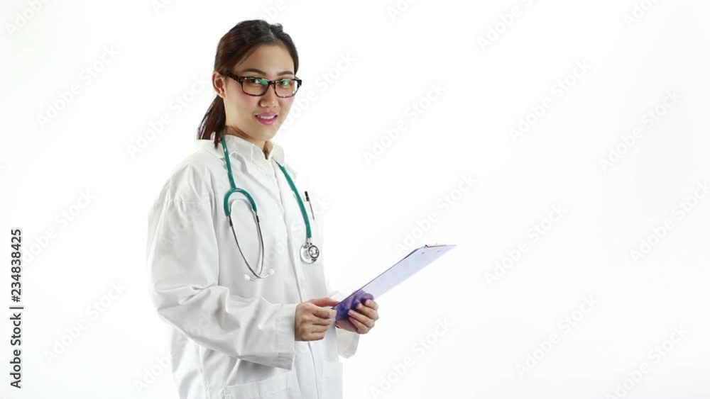 Asian young female doctor smiling at camera isolated on white background Asian young female doctor smiling at camera isolated on white background