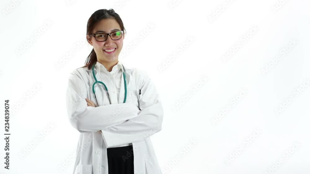 Asian young female doctor smiling at camera isolated on white background Asian young female doctor smiling at camera isolated on white background