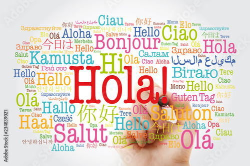 Fototapeta Naklejka Na Ścianę i Meble -  Hola! (Hello Greeting in Spanish) word cloud in different languages of the world with marker, background concept