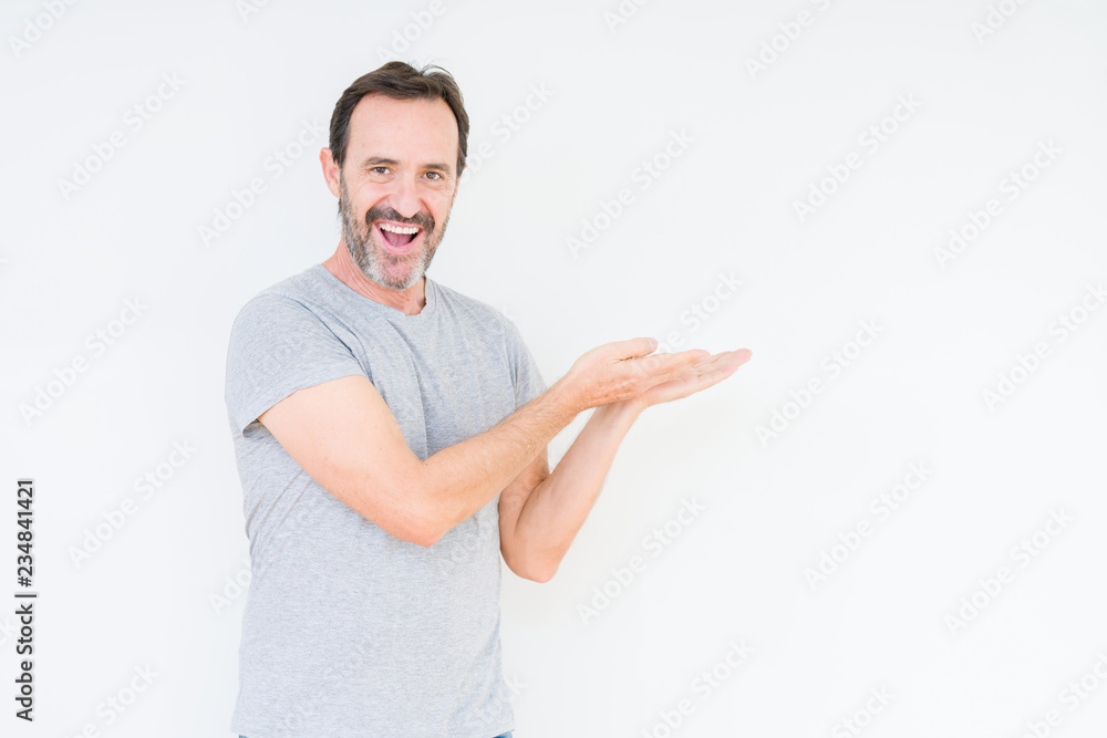 Handsome senior man over isolated background Pointing to the side with hand and open palm, presenting ad smiling happy and confident Handsome senior man over isolated background Pointing to the side with hand and open palm, presenting ad smiling happy and confident