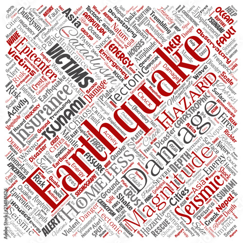 Vector conceptual earthquake activity square red word cloud isolated background. Collage of natural seismic tectonic crust tremble, violent tsunami waves risk, tectonic plates shifting concept design