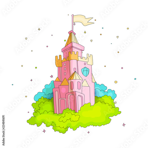 Cartoon medieval fun pink castle with flag and grass. Magic cartoon castle for princess from fairy tale icon. Funny pink cartoon castle with decoration background. photo