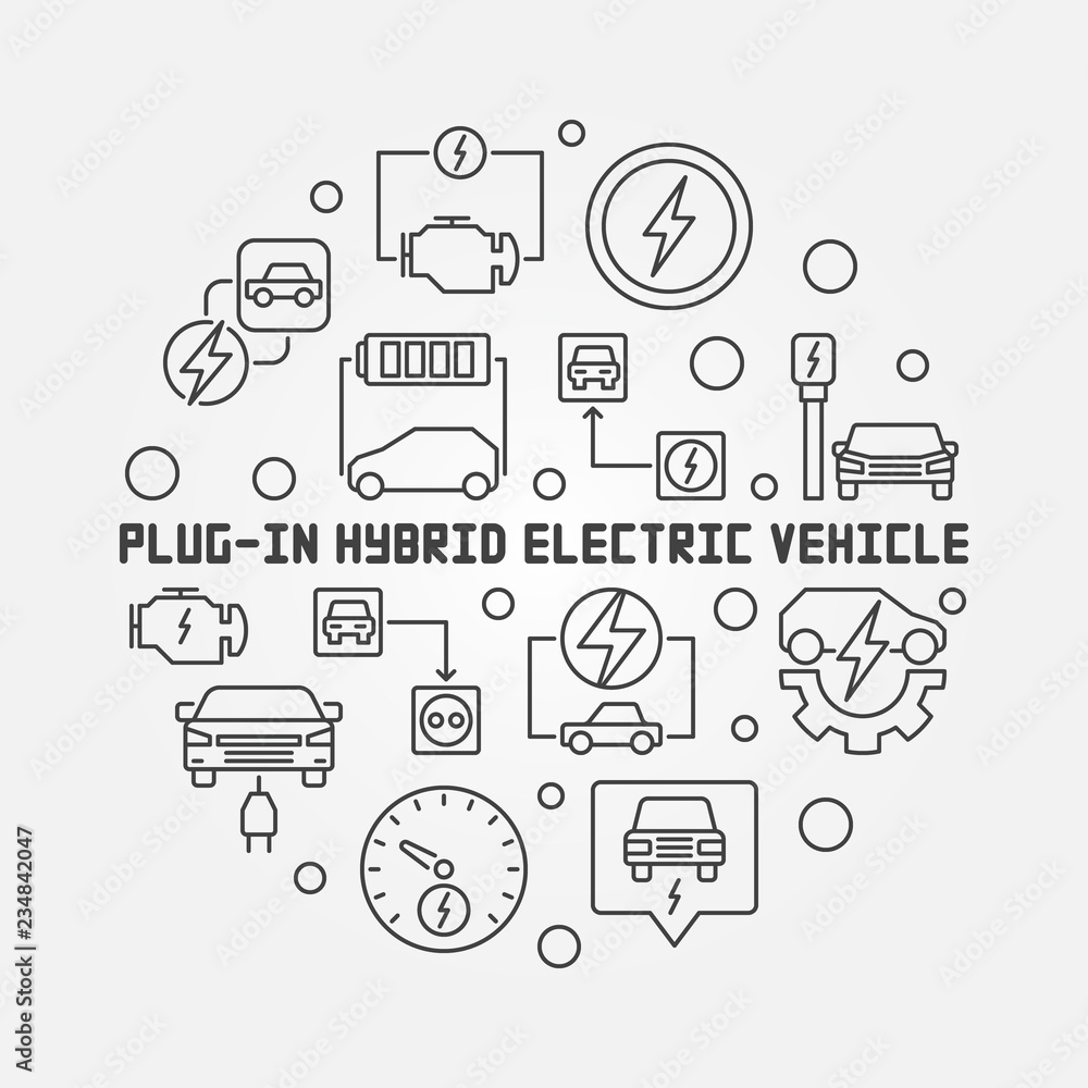 Plug-in Electric Vehicle round vector minimal illustration in thin line style Plug-in Electric Vehicle round vector minimal illustration in thin line style