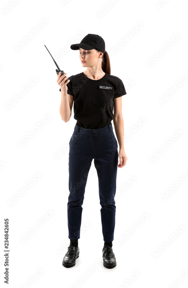 Female security guard with portable radio transmitter on white background Female security guard with portable radio transmitter on white background