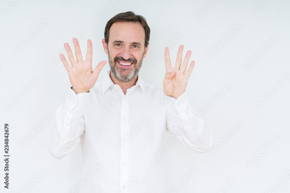 Elegant senior man over isolated background showing and pointing up with fingers number nine while smiling confident and happy. Elegant senior man over isolated background showing and pointing up with fingers number nine while smiling confident and happy.