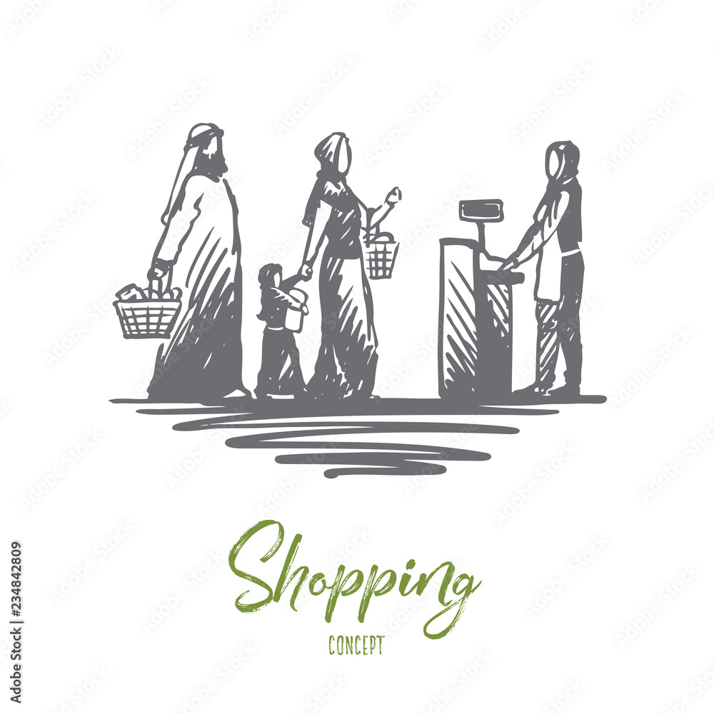 Obraz premium Shopping, purchases, muslim, family concept. Hand drawn isolated vector.