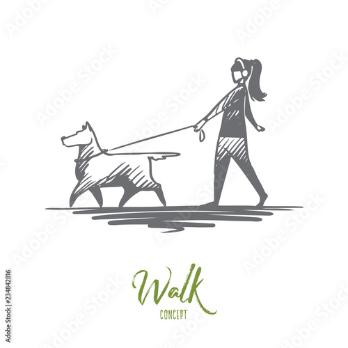 Walk, pet, dog, lifestyle, darling concept. Hand drawn isolated vector.