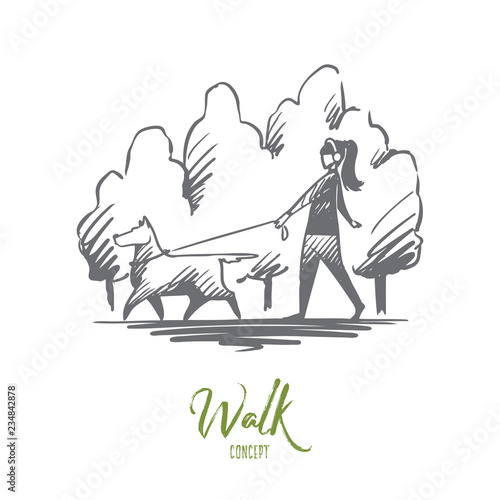 Walk, pet, dog, lifestyle, darling concept. Hand drawn isolated vector.
