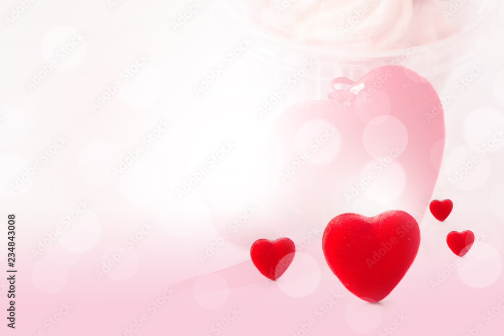 Valentines day concept, red decorate heart and dessert cup on sweet blurred background design for greeting card