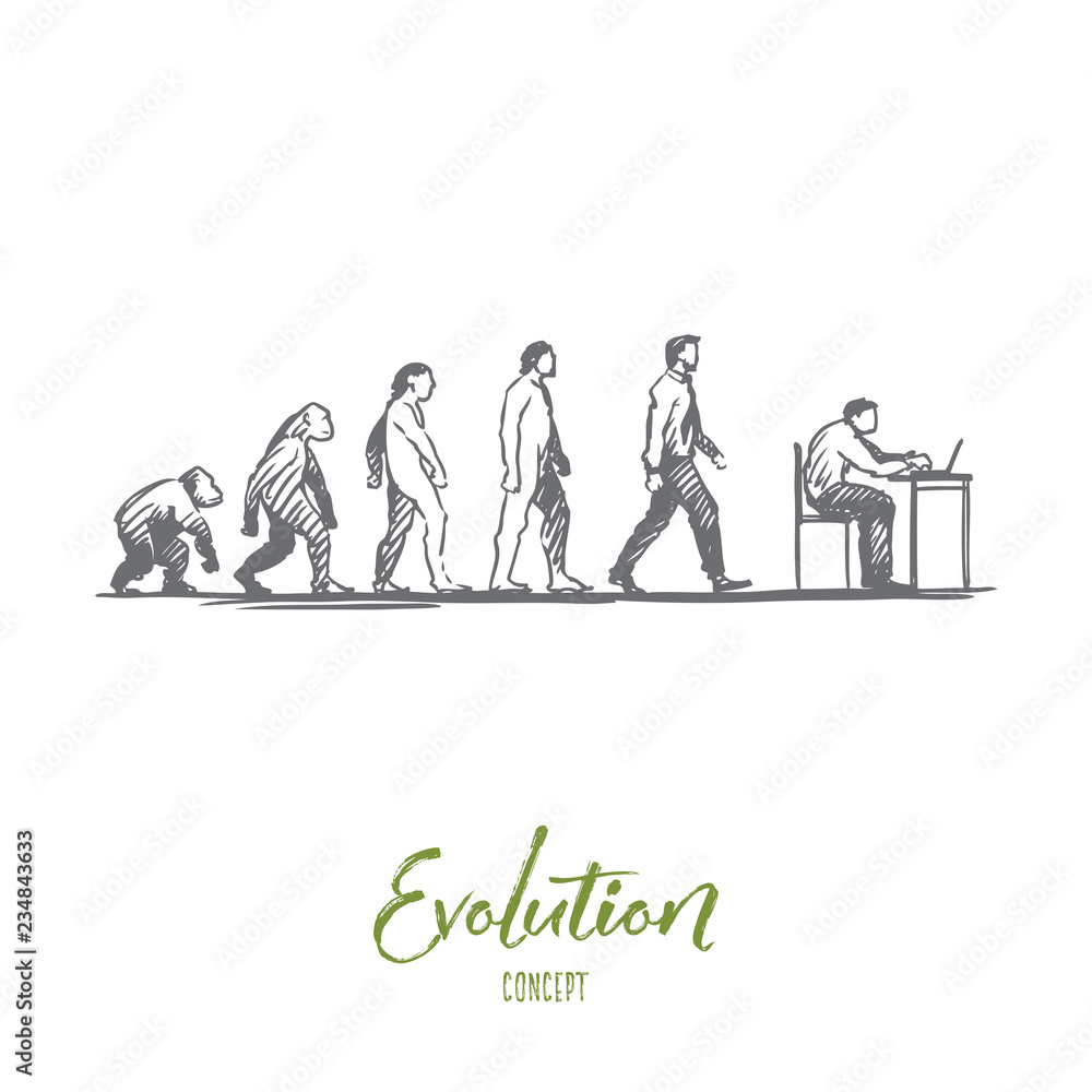 Evolution, businessman, programmer, primitive concept. Hand drawn isolated vector.