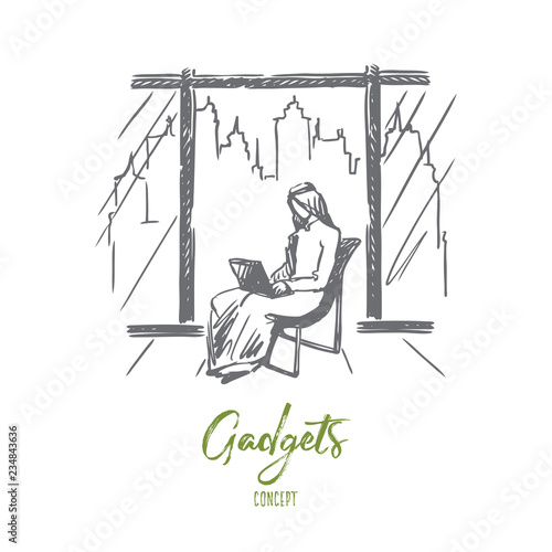 Gadgets, megapolis, big city, muslim, businessman concept. Hand drawn isolated vector.