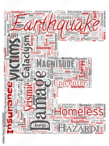 Vector conceptual earthquake activity letter font E red word cloud isolated background. Collage of natural seismic tectonic crust tremble, violent tsunami waves risk, tectonic plates shifting concept