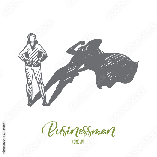 Superwoman, self-esteem, businessman, potential concept. Hand drawn isolated vector.