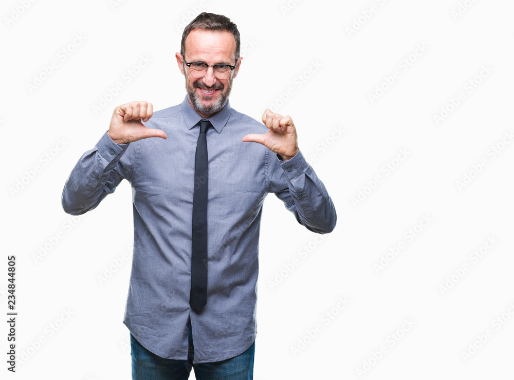 Middle age hoary senior business man wearing glasses over isolated background looking confident with smile on face, pointing oneself with fingers proud and happy. Middle age hoary senior business man wearing glasses over isolated background looking confident with smile on face, pointing oneself with fingers proud and happy.