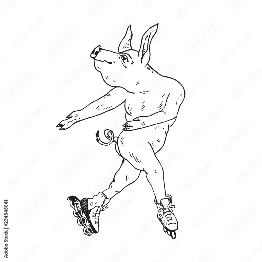 Fototapeta premium Piggy boy dancing in roller skates, hand drawn doodle, sketch, vector outline illustration