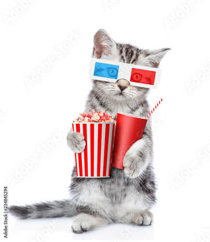 Cute kitten in the 3d glasses with popcorn and cola. isolated on white background