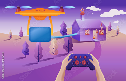 Drone or quadcopter for fire service. Vector illustration. Drone fly over the landscape and makes fire extinguishing. Hands controlling the drone via controller.