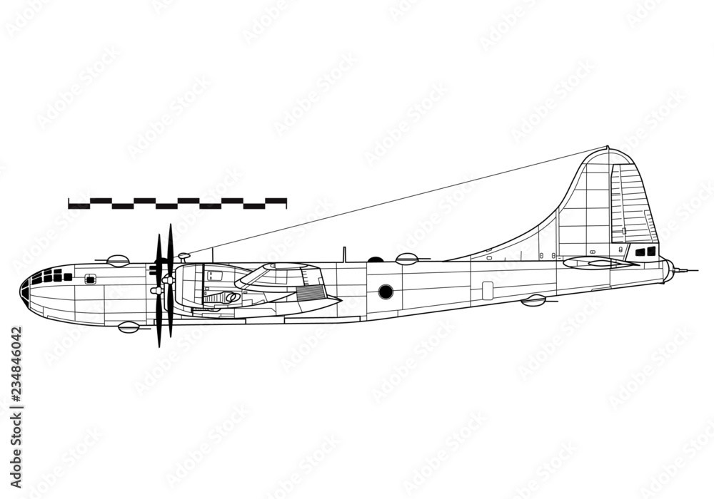 Combat aircraft. Boeing B29 SUPERFORTRESS. Outline drawing Stock