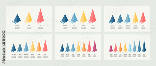 Isometric infographics. Bar chart, graph with 3 - 8 pyramids, options. Vector template.