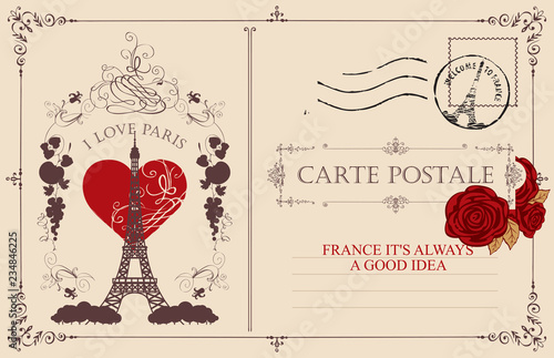 Retro postcard with the famous french Eiffel tower in Paris, France. Vector postcard in vintage style with french landmark, vignette, red heart, postmark and words I love Paris