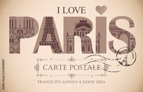 Retro postcard with words I love Paris and rubber stamp with Eiffel tower. Vintage vector card with contour drawings of the famous French architectural landmarks
