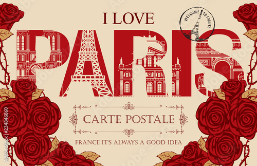 Retro postcard with words I love Paris and rubber stamp with Eiffel tower. Vintage vector card with contour drawings of the famous French architectural landmarks and red roses