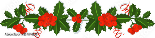 Holly berry branch. Leaves for traditional ornamental wreath from plants for greeting cards for for Merry Christmas and Happy New Year.