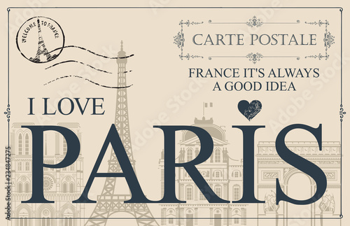 Retro postcard with words I love Paris and rubber stamp with Eiffel tower. Vintage vector card with contour drawings of the famous French architectural landmarks