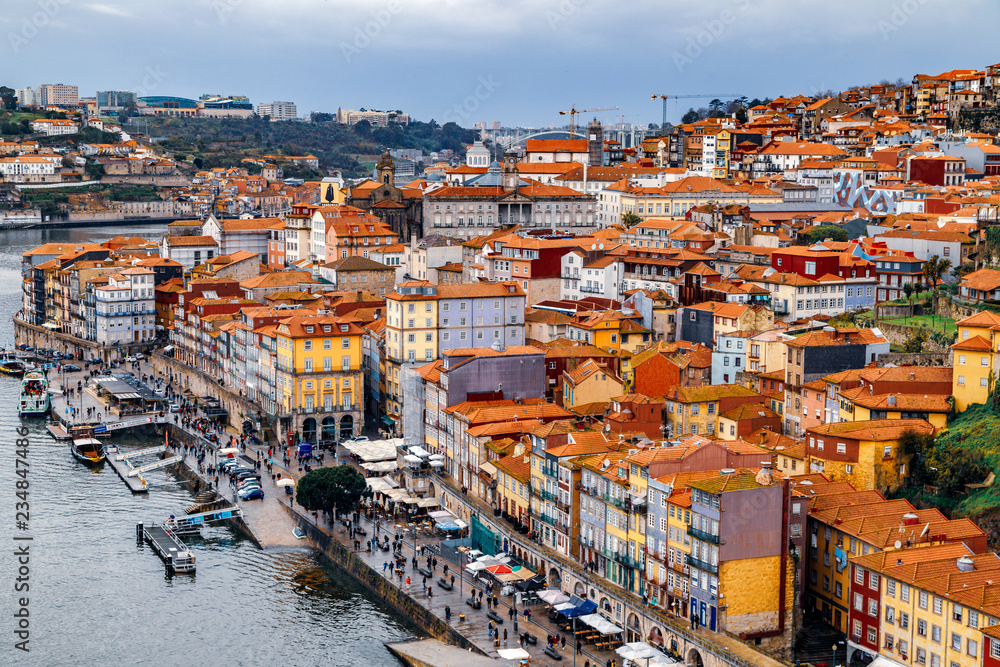 Porto, Portugal. Aerial view to the city, river and embankment. Holidays in Portugal, travel Europe.