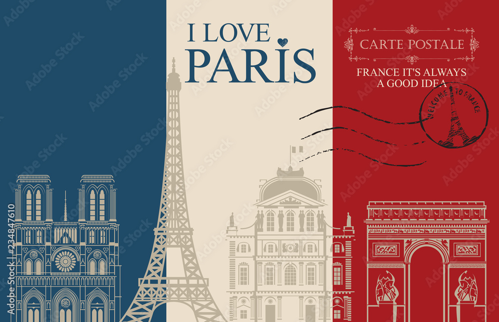 Fototapeta premium Retro pocztówka ze słowami Kocham Paryż i pieczątkę z wieżą Eiffla. Vintage wektor karty w kolorach flagi francuskiej z rysunkami konturowymi znanych francuskich zabytków architektury
