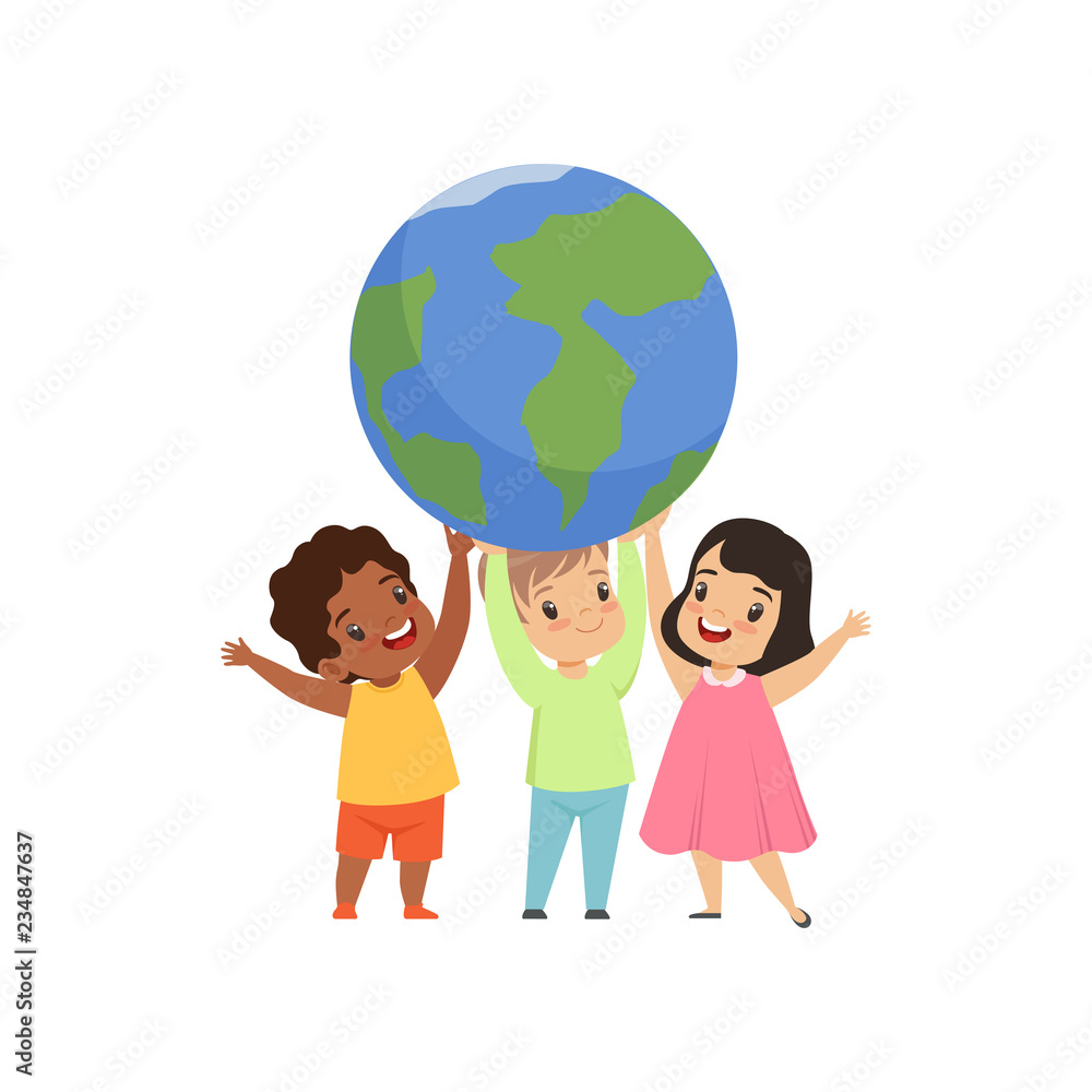 Cute multicultural little kids standing under the Earth globe and holding it, friendship, unity conceptvector Illustration on a white background Cute multicultural little kids standing under the Earth globe and holding it, friendship, unity conceptvector Illustration on a white background