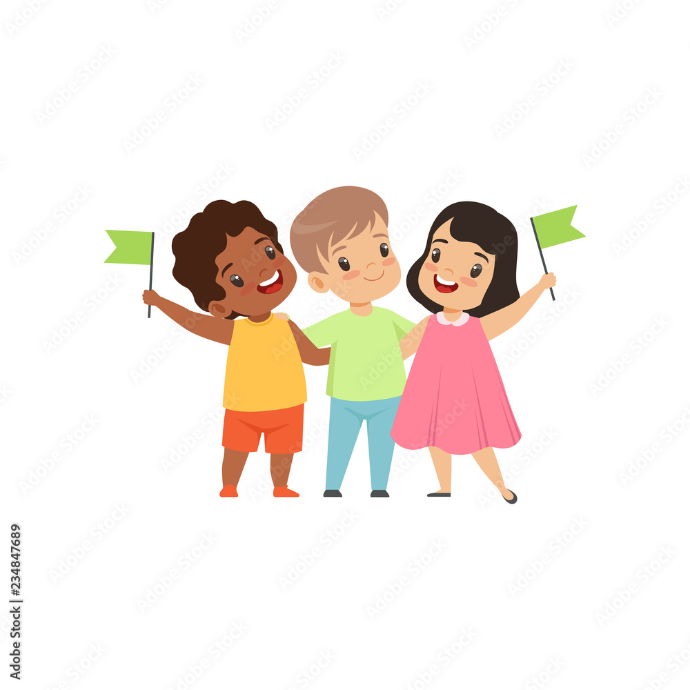Multicultural little kids standing with flags together, friendship, unity concept vector ...