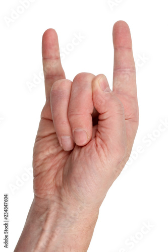 Elderly old man shows with fingers Horns or Thats Rock sign symbol gesture