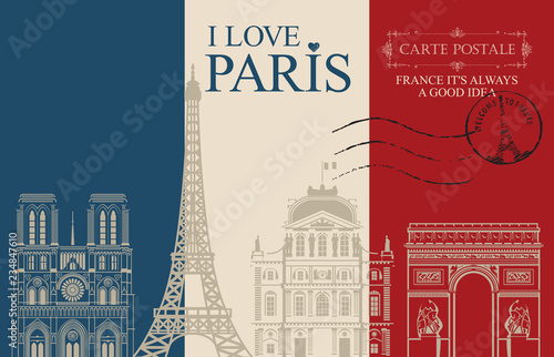 Retro postcard with words I love Paris and rubber stamp with Eiffel tower. Vintage vector card in the colors of the French flag with contour drawings of famous French architectural landmarks