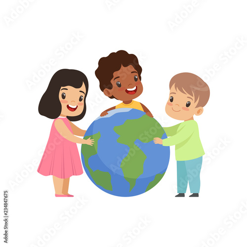 Happy multicultural little kids sitting around the globe together, friendship, unity concept vector Illustration on a white background