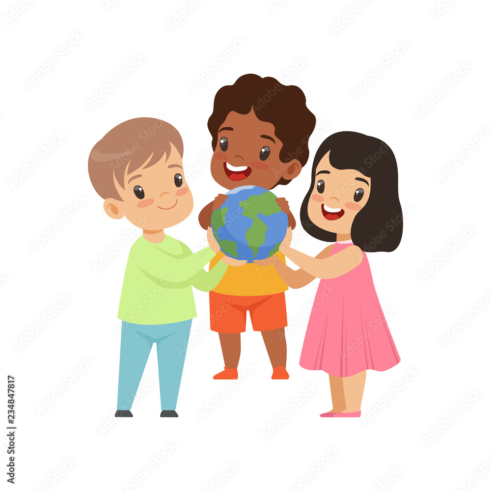 Cute smiling multicultural little kids holding globe vector Illustration on a white background Cute smiling multicultural little kids holding globe vector Illustration on a white background