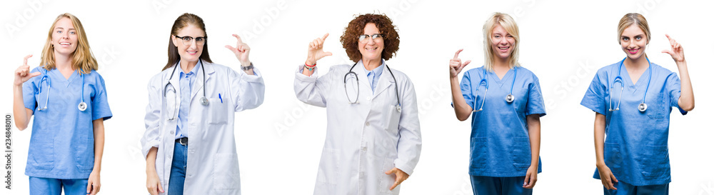Collage of group of professional doctor women over white isolated background smiling and confident gesturing with hand doing size sign with fingers while looking and the camera. Measure concept. Collage of group of professional doctor women over white isolated background smiling and confident gesturing with hand doing size sign with fingers while looking and the camera. Measure concept.