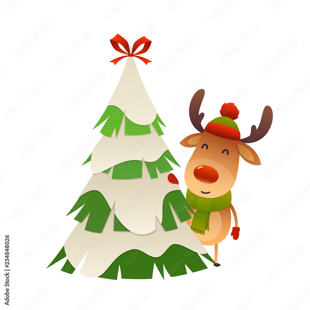 Cute cartoon reindeer behind christmas tree isolated