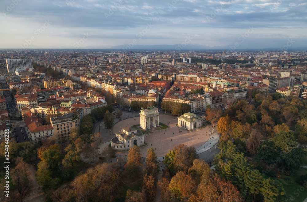 Aerial view of arch peace (Arco Della Pace) from Branca tower, Milan, Lombardy, Italy.