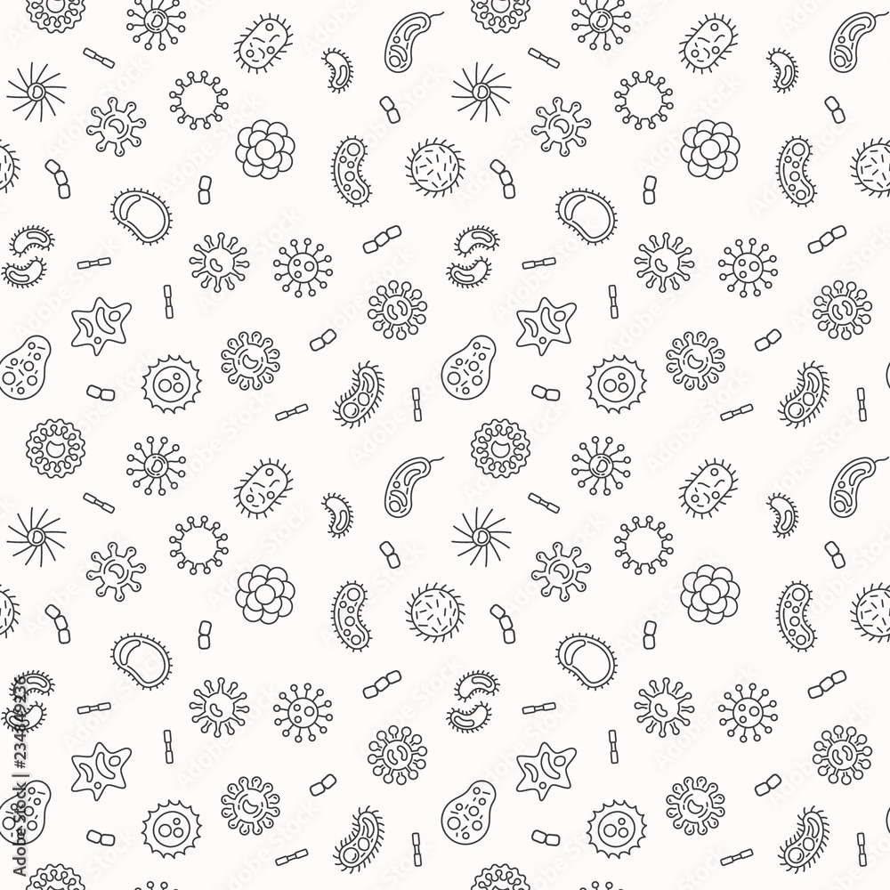 Seamless bacteria and microorganism pattern or background. Vector  microbiology outline illustration Stock Vector | Adobe Stock