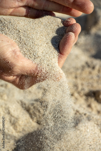 Deux mains masculines laissant tomber du sable - concept liberté, laisser aller lacher prise chose qui fuit temps qui passe photo