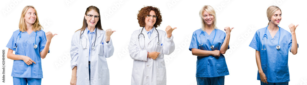 Collage of group of professional doctor women over white isolated background smiling with happy face looking and pointing to the side with thumb up. Collage of group of professional doctor women over white isolated background smiling with happy face looking and pointing to the side with thumb up.