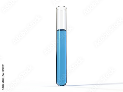 Transparent Glass flask with blue liquid on white background. 3D illustration